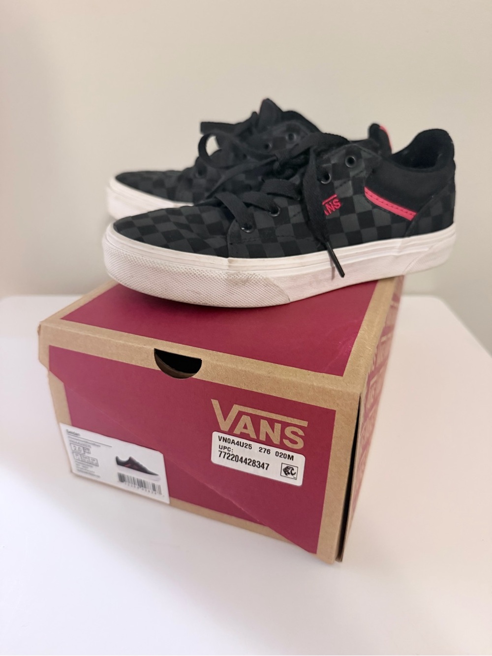 Vans Kids Black Checkerboard Low Top Sneakers with Red Accent